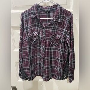 Torrid Purple Plaid Button-Up Shirt with Lace Accents, Size Large,